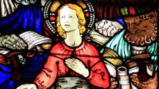 Jesus som 12-åring i tempelet. Fra Emmanuel Vigelands glassmalerier i Oslo domkirkes korparti.