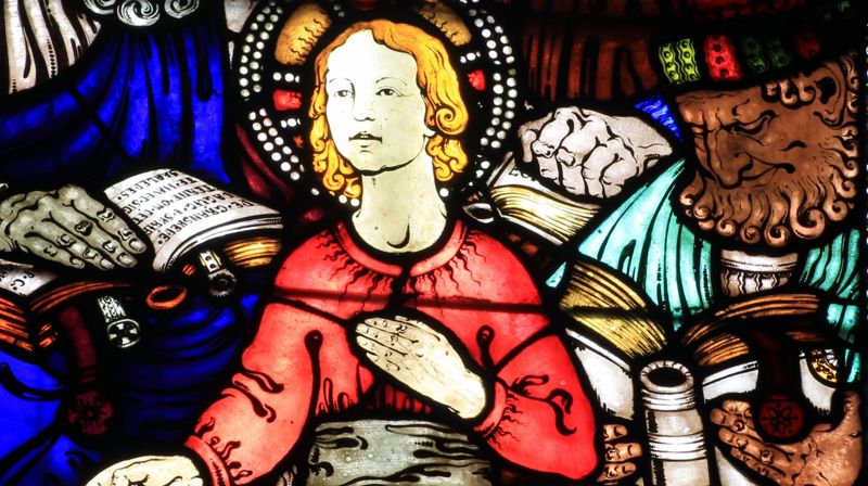 Jesus som 12-åring i tempelet. Fra Emmanuel Vigelands glassmalerier i Oslo domkirkes korparti.