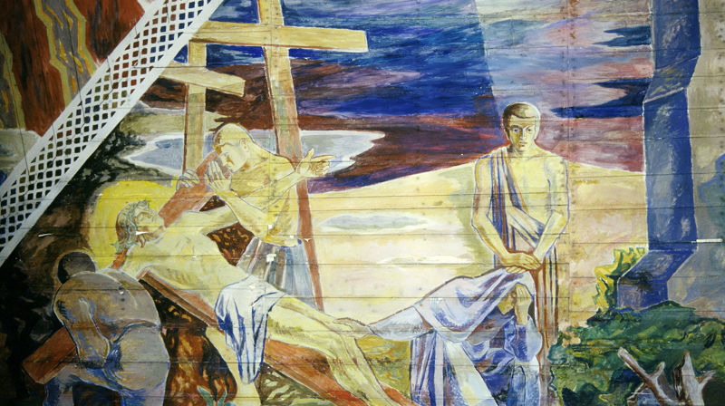 Jesus tas ned fra korset. Detalj fra takmaleriet malt av Hugo Lous Mohr i Oslo domkirke. Foto: Petter Mohn