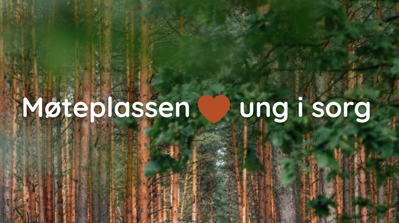 Deler av en skog med grønne blader og oransjebrune stammer, oppå bildet står "Møtepassen (illustrasjon av et oransjerødt hjerte) ung i sorg"