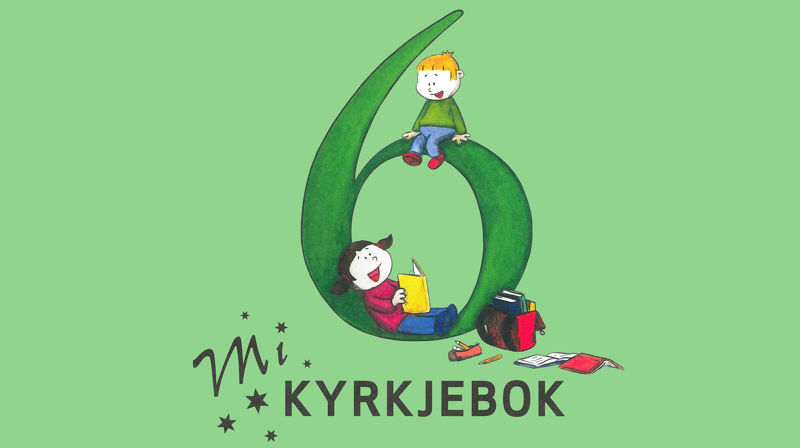 En illustrasjon av et stort grønt 6-tall, en jente og en gutt sitter på tallet og leser og ler. Bøker ligger ved siden av tallet. Bakgrunnsfarge er lysegrønn.