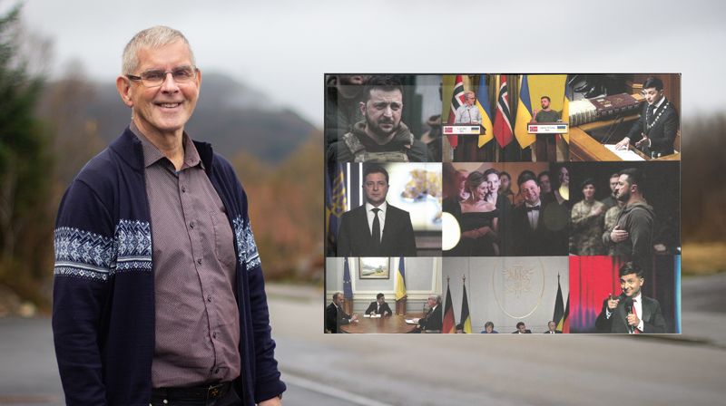 Portrettbbilde av en eldre mann som smiler til kameraet utendørs, oppå bildet til høyre er mange små bilder i en collage av en annen mann, presidenten i ukraina