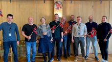 Frå oppstartsmøte for rehabilitering av Fjell kyrkje. Frå venstre: Oddmund Vingdal (Multiconsult), Tore Heggernes (ØKF), Annlaug Børve (ØKF), Arne Magne Fjell (Øygarden kommune), Jon Ivar Friborg (Øygarden kommune), Helge Kleemann (Akasia), Andreas Kvinge Hindenes (Sweco), Sondre Haugseng Jakobsen (Akasia), Åse Lyslo Døssland (Multiconsult)