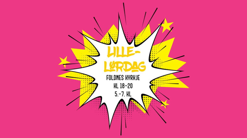 Logo til lillelørdag på knall rosa bakgrunn, med gule stjerner og ropeboble med lillelørdag skrevet med gul skrift og kirke og klokkeslett med svart