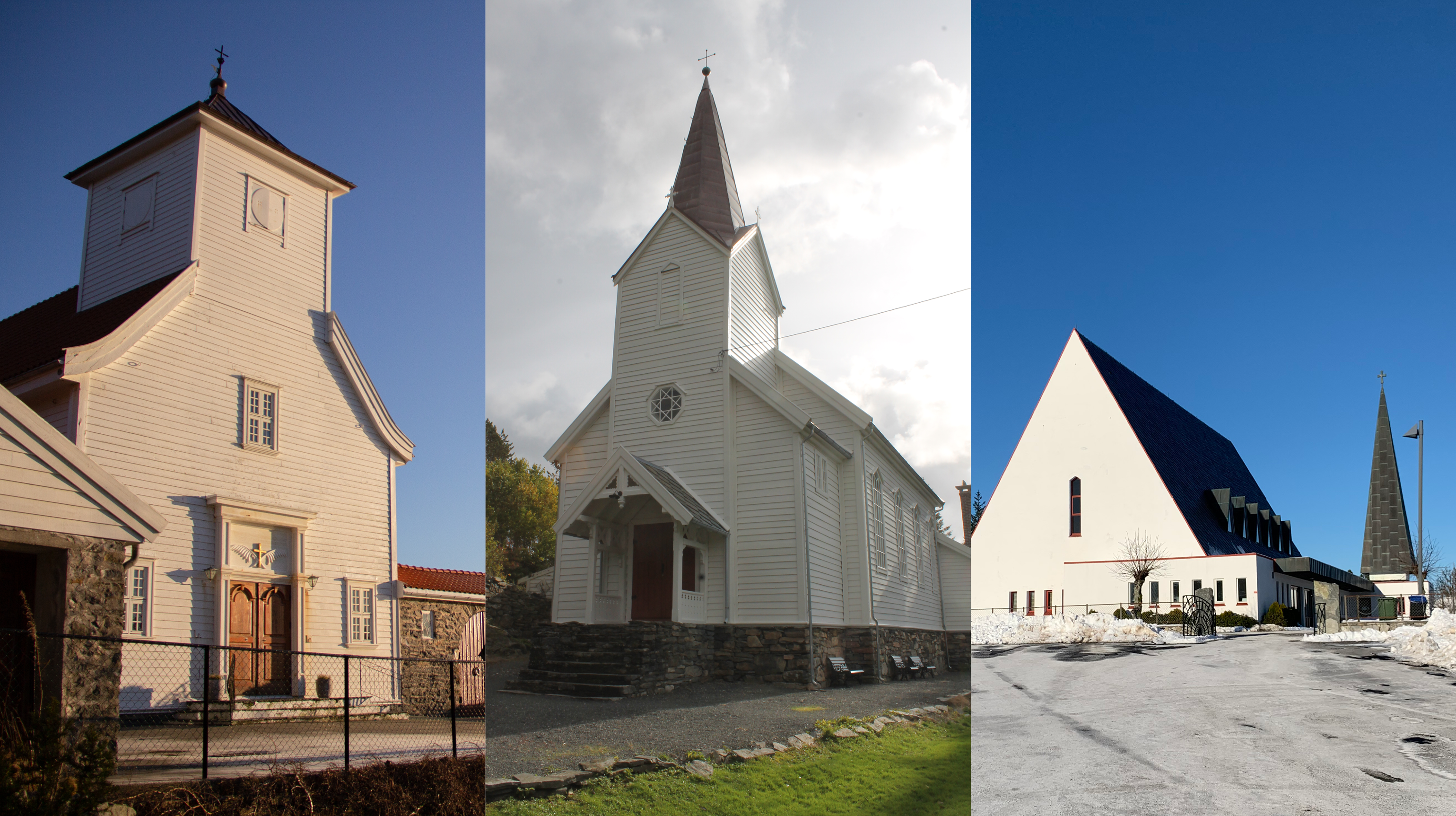 Blomvåg kyrkje, Hjelme gamle kyrkje og Hjelme kyrkje.