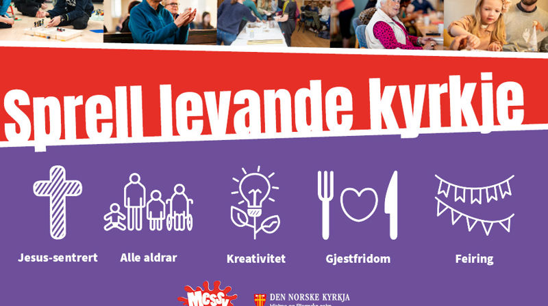 Plakat for sprell levande kyrkje: øvst er det av barn, eldre, vaksne som spis, leiker og koser seg. Nedst er det illustrasjoner for arrangementet, eit kors for Jesus-sentrert, ei familie frå barn til gamal gor alle aldrar, ei lyspere-plante for kreativitet, bestikk med hate mellom for gjestrfidom ogbannere med flagg for feiring