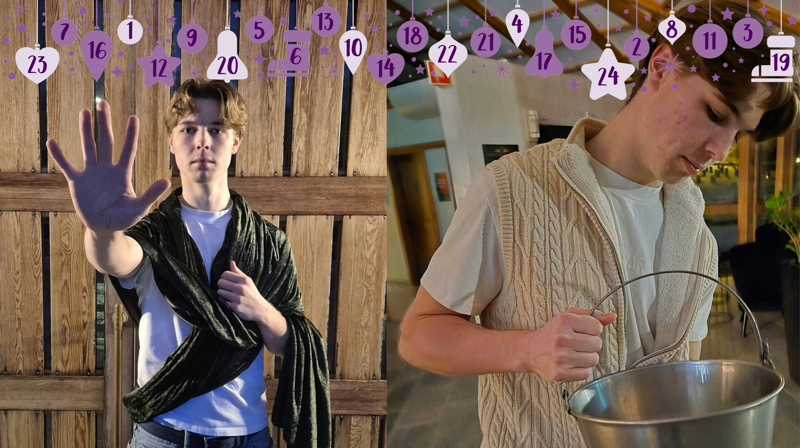 to bilder av en ungdom. 1. han holder hånden ut som om han sier stopp. 2. han holder en metallbøtte og se ned i den. Øverst illustrasjon i lilla med tall fra 1 til 24 i ulike former.