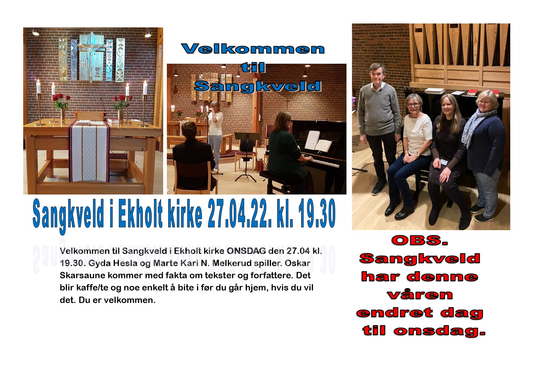 Sangkveld i Ekholt kirke onsdag 27.april kl. 19.30