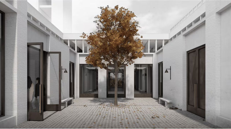 Slik er kirkehagen tegnet av arkitektene. Det er tiltenkt en urtehage, og et bed for grønnsaker og bærbusker på utsiden av kirka. Illustrasjon: Ateljé Ö