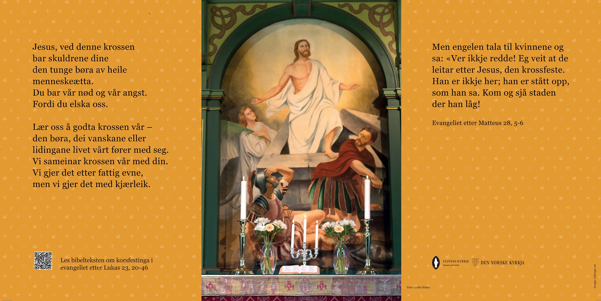 Alterbilde frå Ulstein kyrkje med nokre påsketekster. Banneret står foran kyrkja til over påska