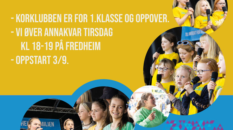 Plakat med informasjon om øvingstider og øvingslokale for Korklubben og Tween Sing