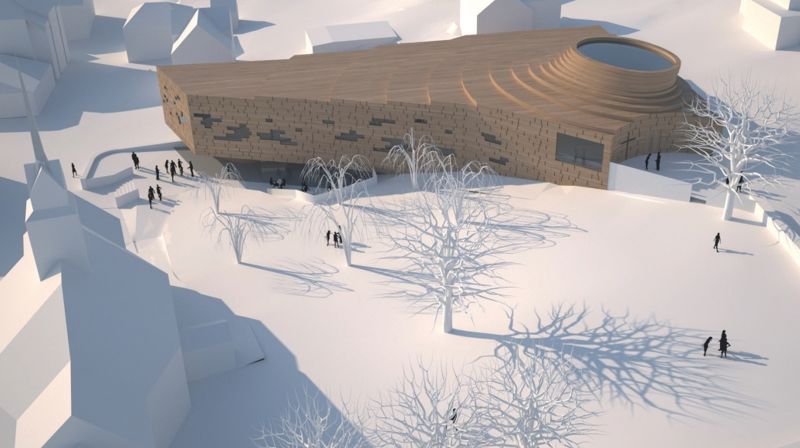 samspel mellom eksisterande kyrkje og ny kyrkje med bevaring av nedlagd kyrkjegard. Illustrasjonsbilde frå skisseprosjektet til Ulstein nye kyrkje frå arkitektkontoret Snøhetta