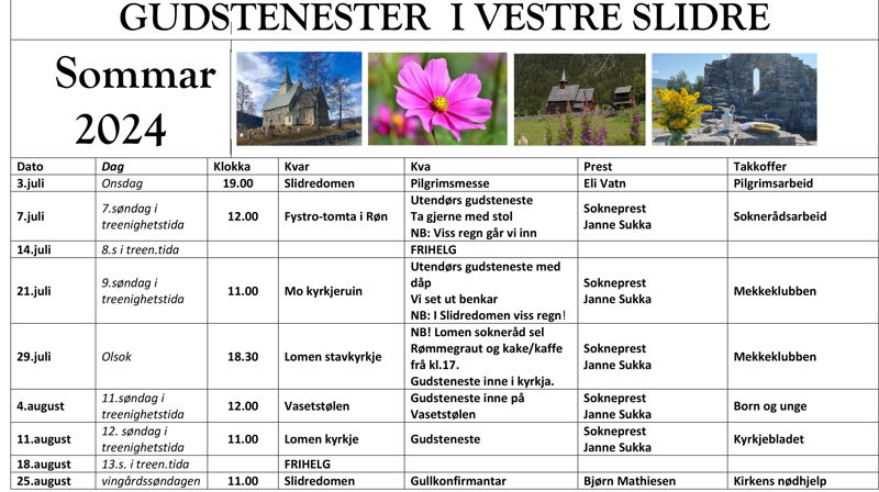Gudstenester i Vestre Slidre sommar 2024