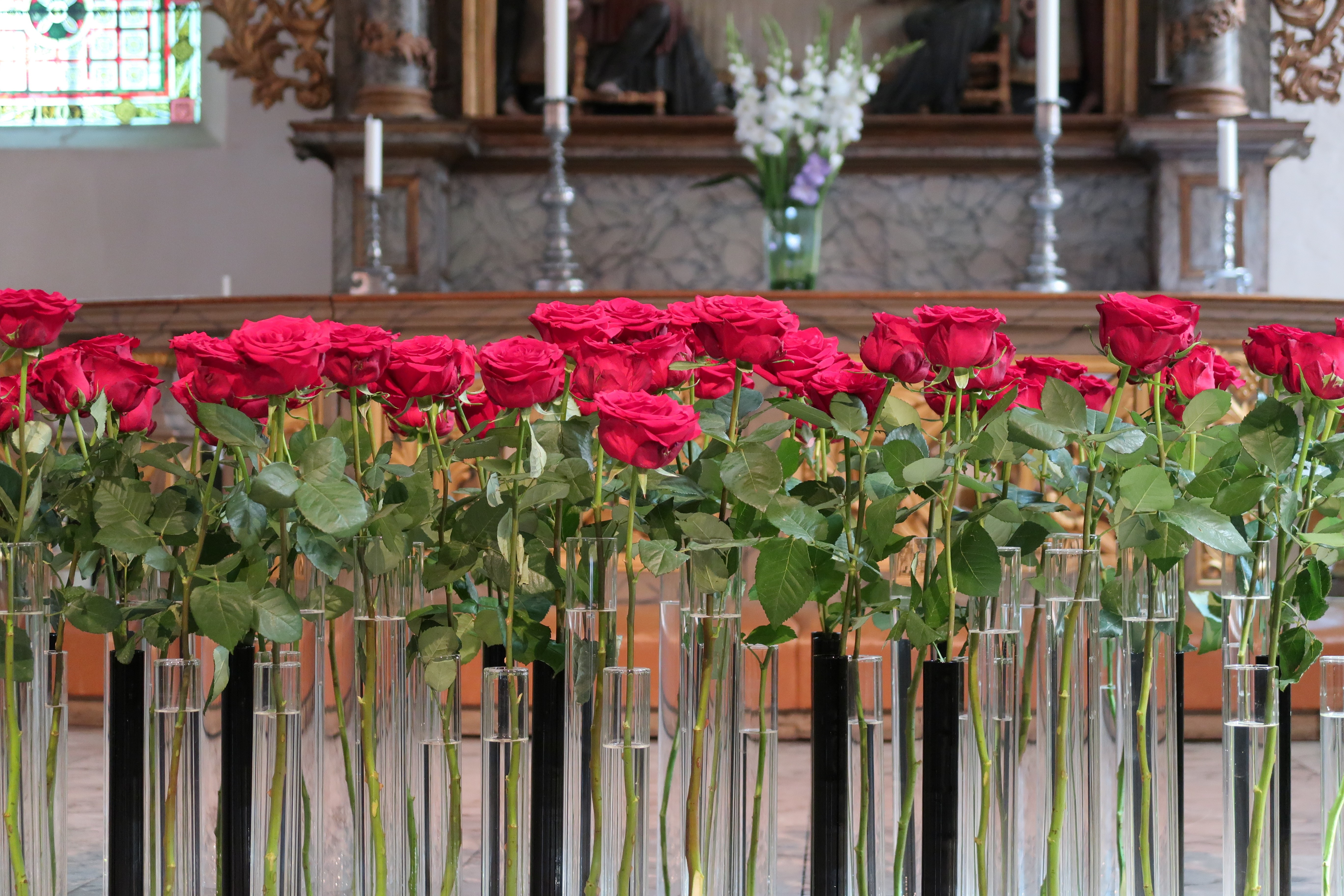 Fremst i Oslo domkyrkje var det satt opp 77 raude roser til minne om dei som vart drepne 22. juli 2011. Foto: Oslo domkyrkje / Den norske kyrkja. 