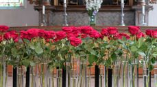 Fremst i Oslo domkyrkje var det satt opp 77 raude roser til minne om dei som vart drepne 22. juli 2011. Foto: Oslo domkyrkje / Den norske kyrkja.