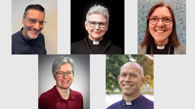 Kandidatene i alfabetisk rekkefølge, fra øverst til venstre: Vidar Mæland Bakke, Stephanie Dietrich, Grethe Lystad Johnsen, Karen Margrete Eikenes Mestad og Tor Magne Nesvik. (Foto: Stavanger bispedømme/Den norske kirke)