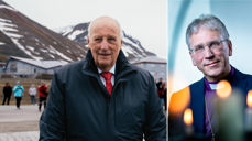 Kong Harald på Svalbard i 2025, foto: Ola Vatn / Det kongelege hoff. Til høyre: Preses i Den norske kyrkja, Olav Fykse Tveit, foto: Bo Mathisen / Den norske kyrkja.