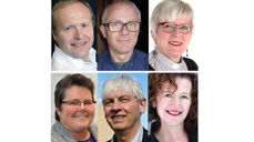 Nominert til stillingen som biskop i Sør-Hålogaland. Øverst fra venstre: Hallgeir Elstad,  Olav Rune Ertzeid, Ann-Helen Fjeldstad Jusnes, Kristine Sandmæl, Rolf Steffensen og Kari Veiteberg.