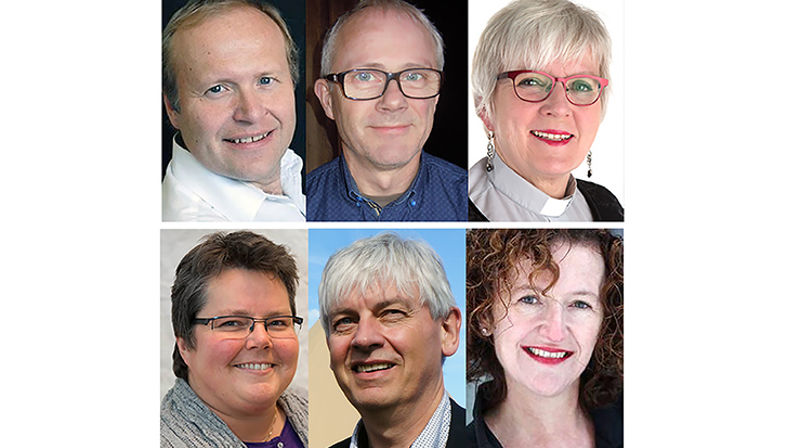 Nominert til stillingen som biskop i Sør-Hålogaland. Øverst fra venstre: Hallgeir Elstad,  Olav Rune Ertzeid, Ann-Helen Fjeldstad Jusnes, Kristine Sandmæl, Rolf Steffensen og Kari Veiteberg.