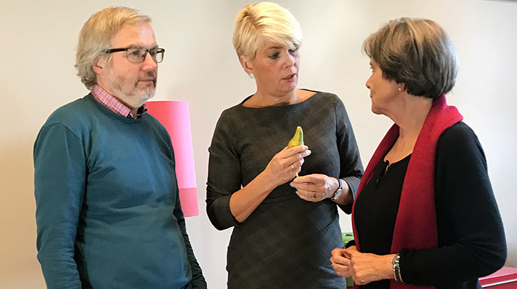 En pausesamtale under Kirkerådets møte om opplegget for høring om utkast til ny kirkeordning. Fra venstre: Nestleder i Kirkerådet, Harald Hegstad, leder i Kirkerådet Kristin Gunleiksrud Raaum og preses i Bispemøtet, Helga Haugland Byfuglien.