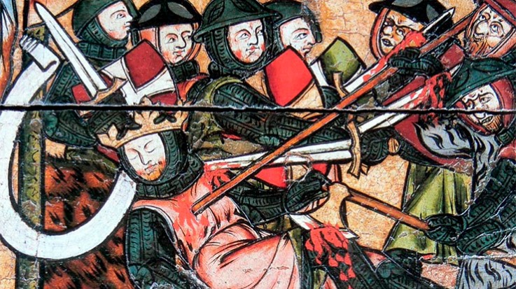 Olav den helliges martyrdød på Stiklestad. Olav regnes som Norges nasjonalhelgen. Detalj fra en alterfront fra 1400-tallet (Olavsantemensale), i Nidarosdomen.